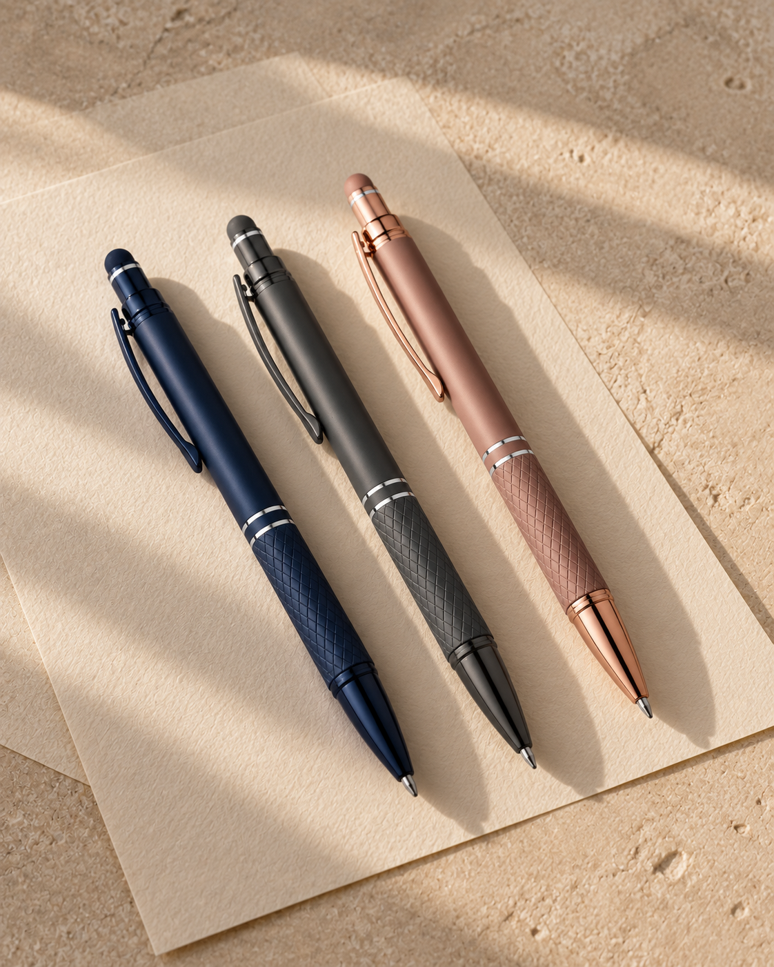 Navy, graphite and rose-gold textured metal pens on ivory paper in warm sunlight