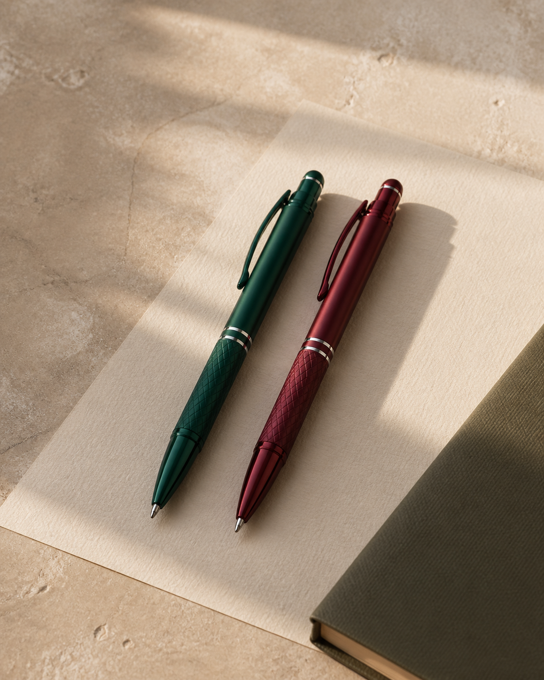 Forest green and burgundy metal pens on textured paper in warm light