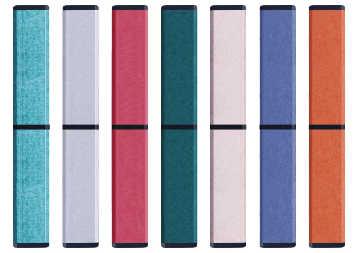 Seven colorful rectangular pen cases