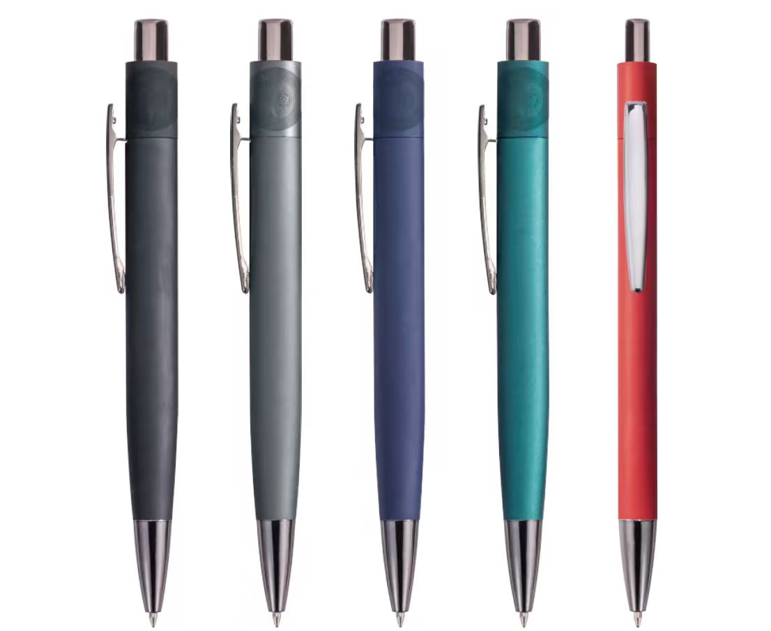 Five colorful metal click pens
