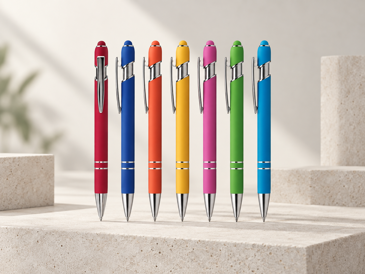 Metal pen finishes in charcoal, grey, navy, teal and red
