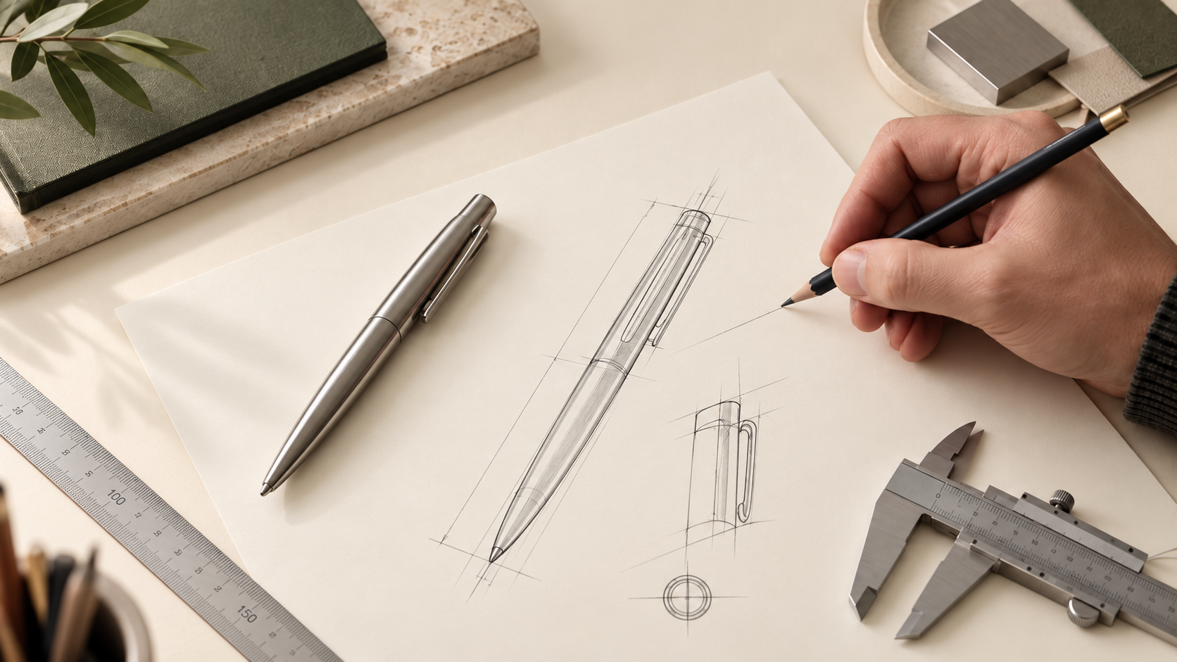 Illustrative pen design study with sketches and a prototype